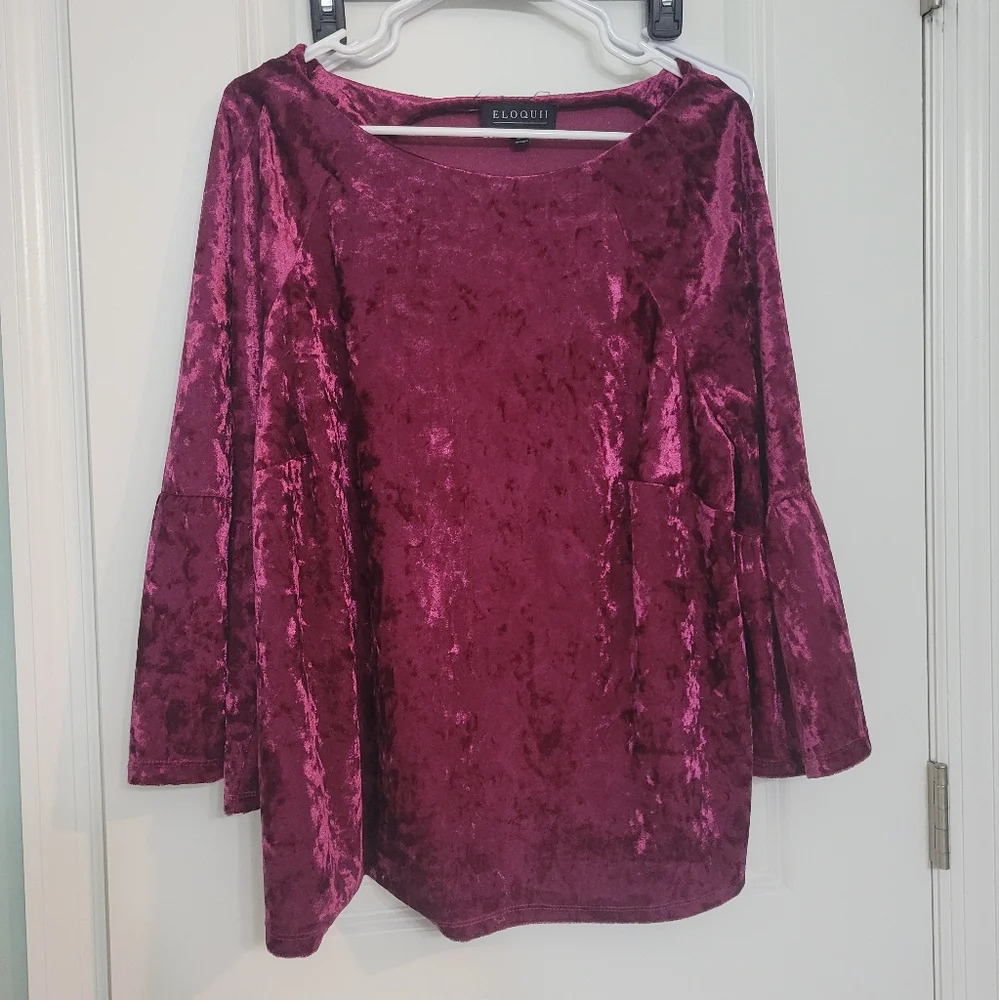 Eloquii, Size 18, Crushed Velvet, Flare Sleeve Top,‎ Maroon, Witchy